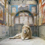 A maned lion reclining on a mosaic floor in a vaulted, frescoed chamber of the College of the Augustales, Herculaneum.