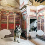 A wolf standing before a richly coloured architectural fresco, with two dark cubs on a ledge in a niche behind it, in the Villa Oplontis, Torre Annunziata.