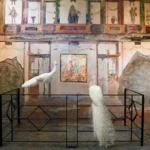 Two white peafowl in the white-walled triclinium of the House of the Vettii, Pompeii.
