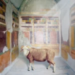 A horned ram standing in a barrel-vaulted room with ochre and red fresco panels in the House of the Silver Wedding, Pompeii.