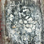 Grey and black painting with a cluster of white blistered forms at the centre and dripping edges.