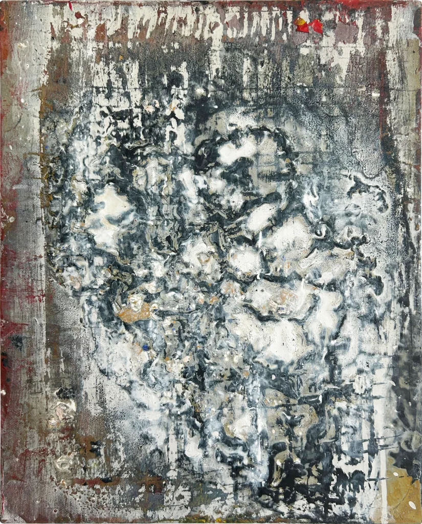 Grey and black painting with a cluster of white blistered forms at the centre and dripping edges.