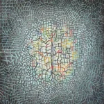 Grey-blue painting with a cracked, relief-like surface of meandering ridges; at the centre a core of red, yellow, blue and green lines lights up.