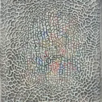 Grey painting of meandering ridges with a cracked surface; faint colour shows through a denser core.