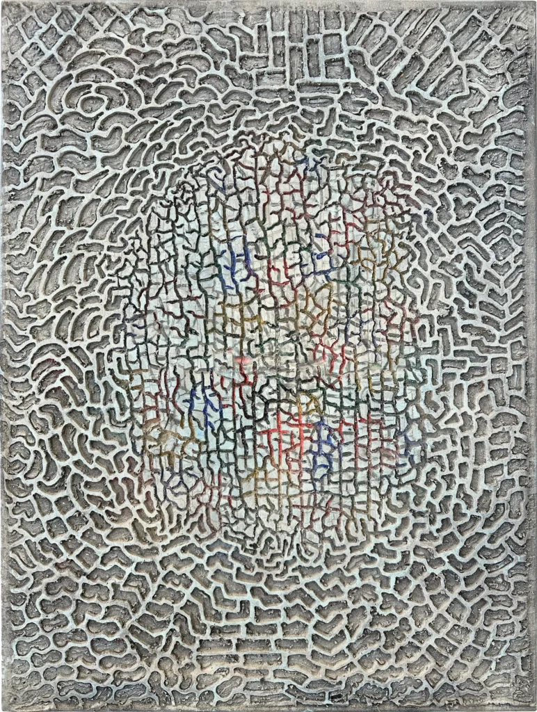 Grey painting of meandering ridges with a cracked surface; faint colour shows through a denser core.