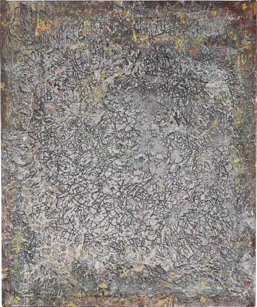 Dense field of fine cracks and scrapes in grey, ochre and purple over a darker layer.