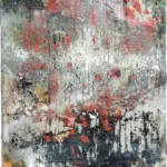 Vertical painting with red, black and white drips and cracks over grey and ochre.
