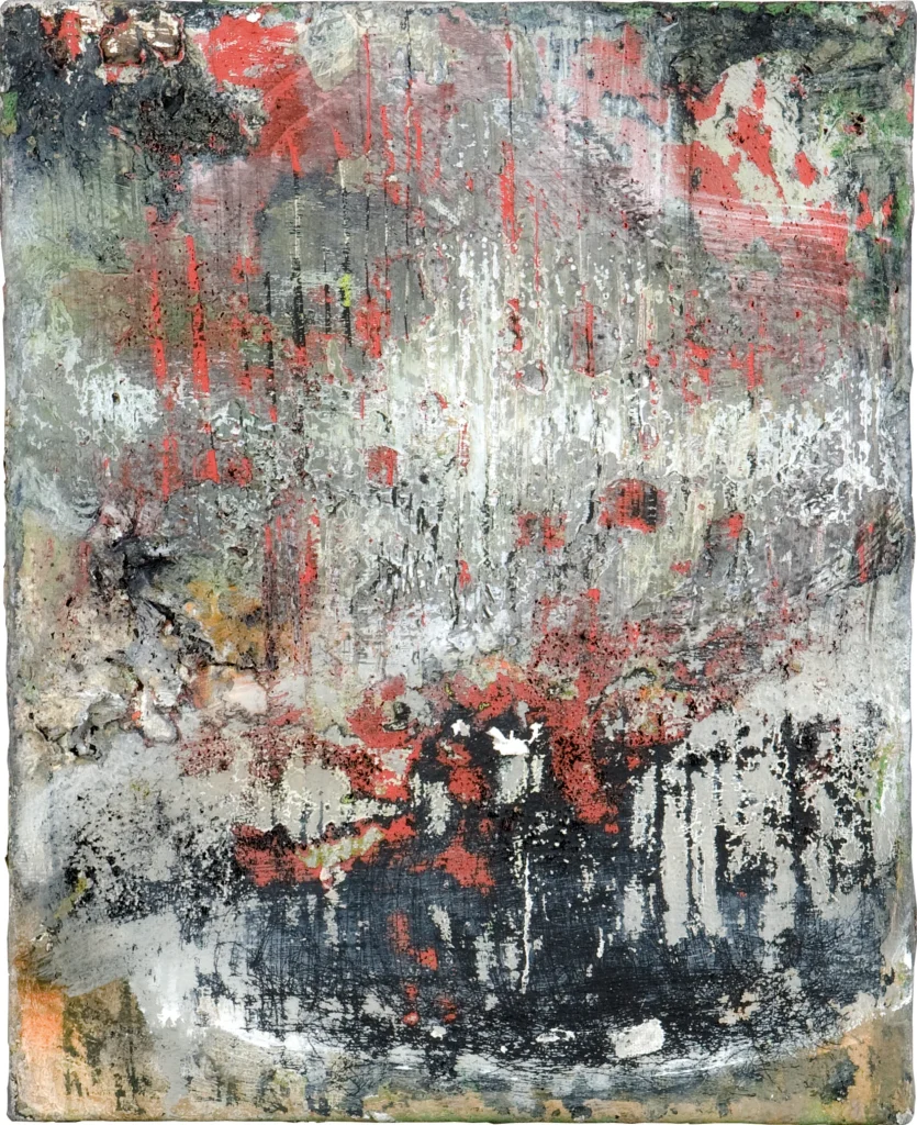 Vertical painting with red, black and white drips and cracks over grey and ochre.
