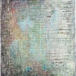 Cracked white-grey surface over a grid of turquoise, ochre and pink; the colour fades towards the right edge.