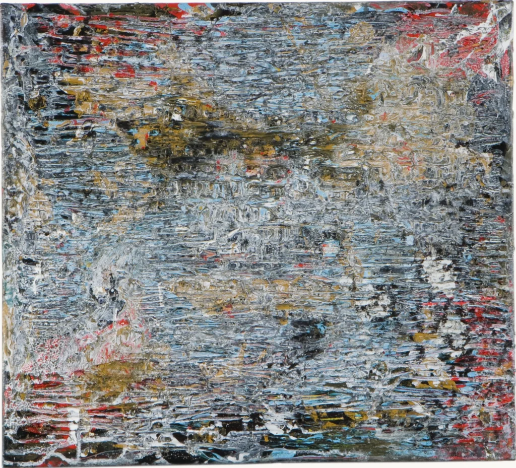 Silver-grey grooved surface with ochre, turquoise, black and red showing through in horizontal streaks.