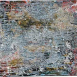 Silver-grey grooved surface with ochre, turquoise, black and red showing through in horizontal streaks.