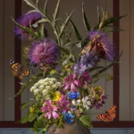 A bouquet of purple artichoke thistles, mallow, blue cornflowers and white wild carrot in a dark Roman pot on a wooden shelf, with a walnut and butterflies, against a beige Roman wall with red-brown bands.
