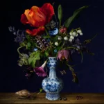A dark, moody bouquet with a large red parrot tulip, lily of the valley and a snake’s head fritillary in a bulbous Delft blue vase.