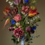 A loose bouquet of tulips, dahlias and cornflowers in a slender Delft blue vase against a grey-green wall.