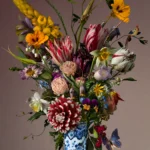 An upright bouquet of dahlias, tulips and yellow spikes in a tall Delft blue vase against a muted brown wall.