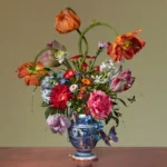 Orange poppies, peonies and dahlias spilling from a blue-and-white Delft vase, with butterflies.