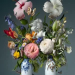 Pink and white hibiscus, roses and tulips in two white Delft vases side by side.