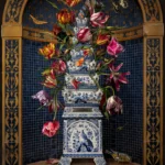 Tulips in a Delft blue flower pyramid set in a gilded, mosaic-lined niche.