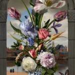 A bouquet of tulips, roses and iris in a Delft blue vase before a window opening onto a Dutch landscape.