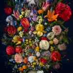 A dense bouquet of tulips, roses, iris and lilies in a stoneware vase against a dark blue ground.
