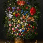 A tightly packed bouquet topped by a crown imperial, in an earthenware pot on a ledge with scattered petals and insects.