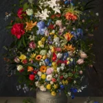 A dense bouquet of lilies, roses, cornflowers and tulips in a grey stoneware pot, with fallen petals and a beetle on the ledge.