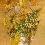 Yellow rudbeckia, laburnum and marigolds in a Chinese-style vase against a gold-leaf ground, with rock crystals on the ledge.