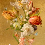 White and orange parrot tulips in a white vase with orange decoration against a gold-leaf ground, with butterflies.