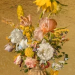 An overflowing bouquet of iris, peony, tulips and yellow spikes in a gilded urn against a gold-leaf ground.