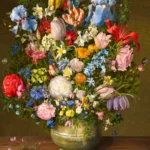 A dense bouquet of iris, tulips, peonies and roses in a stoneware pot on a wooden ledge against a gold ground, with fallen petals.