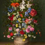A tightly packed bouquet topped by an orange crown imperial in an earthenware pot against a gold ground, with petals on the ledge.