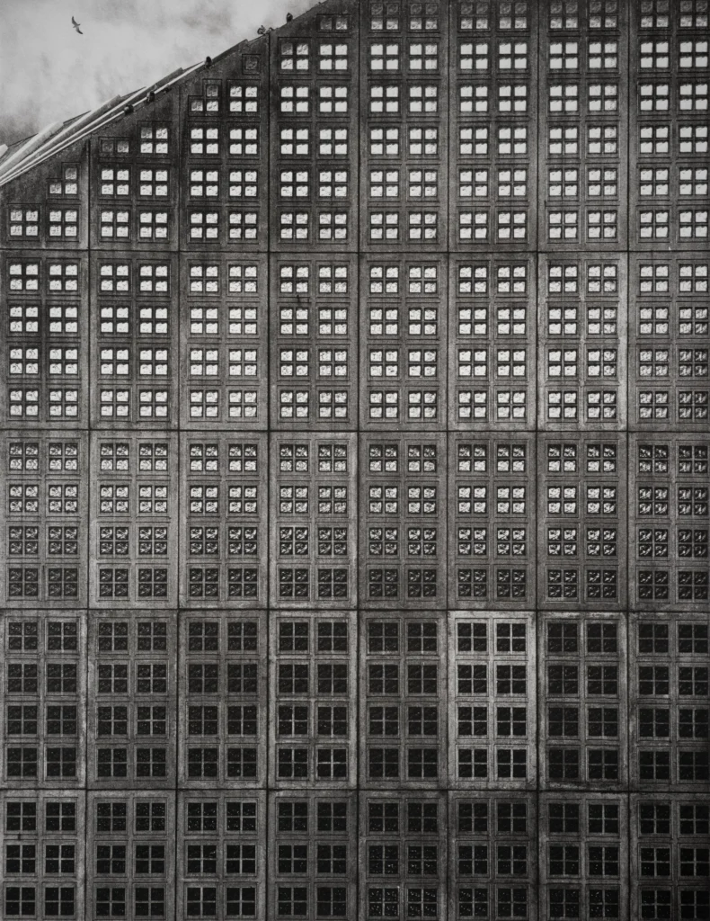 A concrete façade made of identical square windows in a dense grid, brightening towards the top and sinking into darkness below; a few pigeons sit along the sloping roof edge.