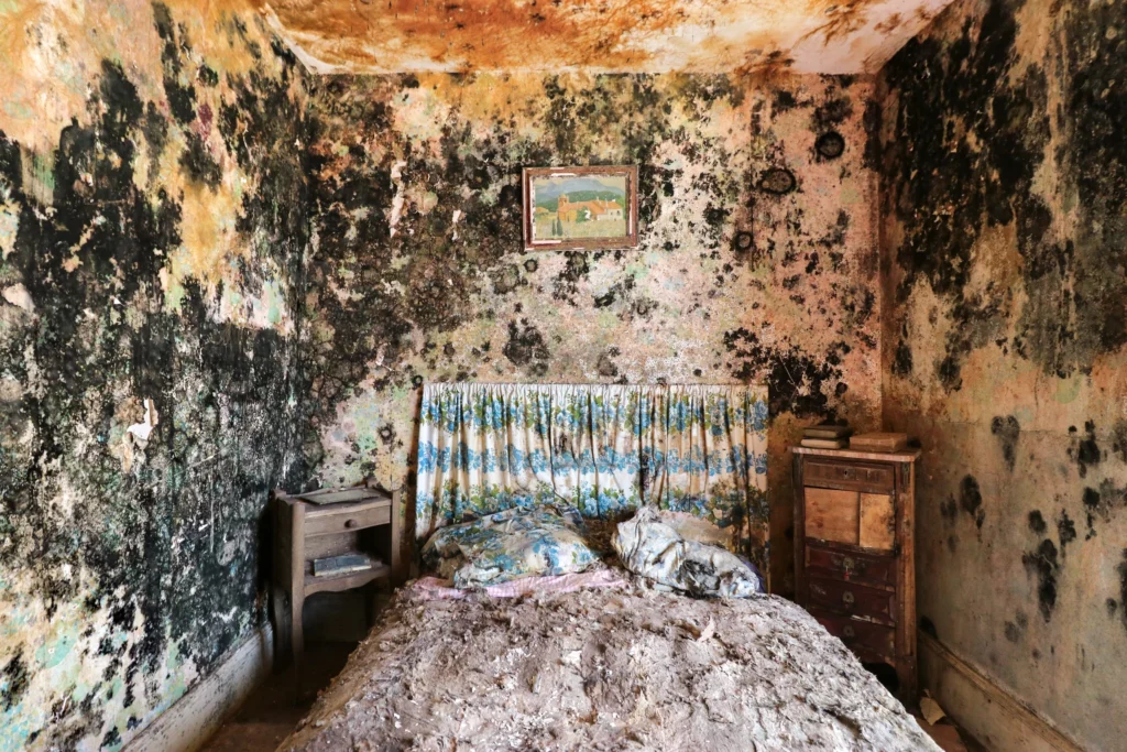 A bedroom whose walls and ceiling are covered in black, ochre and rust-coloured mould; a dust-covered made bed with floral pillows stands between two bedside cabinets, and a small landscape painting hangs above it.