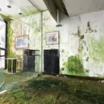 A room with a frameless glass partition and door standing open, its floor a continuous carpet of green moss; two framed pictures still hang on white walls streaked with green algae.