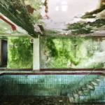 An empty indoor swimming pool lined with pale-blue tiles, a steel handrail leading down its steps; the wall behind is bright green with algae and the ceiling paint peels in large flakes.