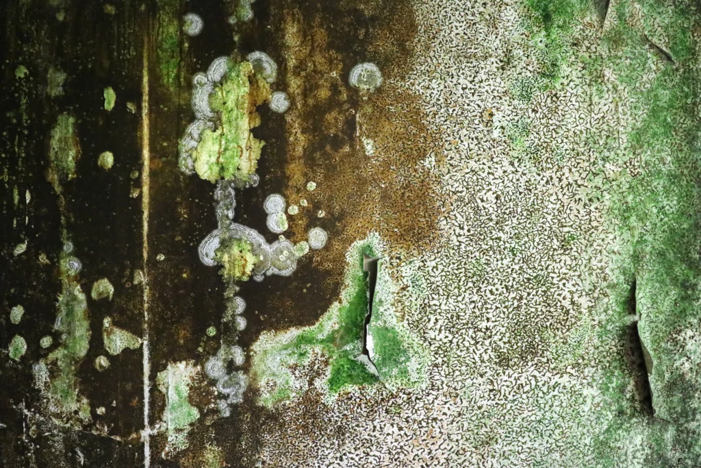 Close-up of a wall surface: ring-shaped white and green mould colonies on a dark brown ground at left, crazed paint and green moss at right, with paint lifting in small tears.
