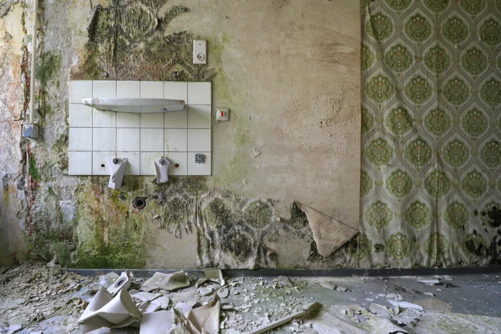 A wall with a square of white tiles, a glass shelf and two broken-off taps where a washbasin once hung; peeling green-patterned wallpaper to the right and shards of sanitary ware and plaster on the floor.
